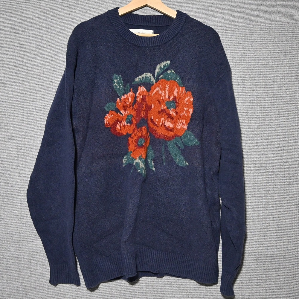 Abercrombie & Fitch Sweater Mens Floral Intarsia Knit L Tall Navy Blue